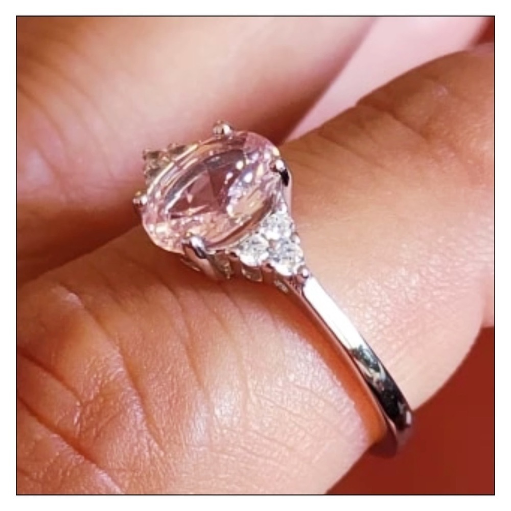 SOLID Sterling Silver Oval Faceted Morganite Ring - Picture 2 of 6